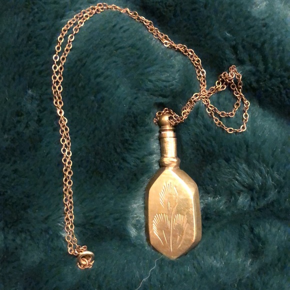 Antique Jewelry - Antique Etched Brass Perfume Necklace